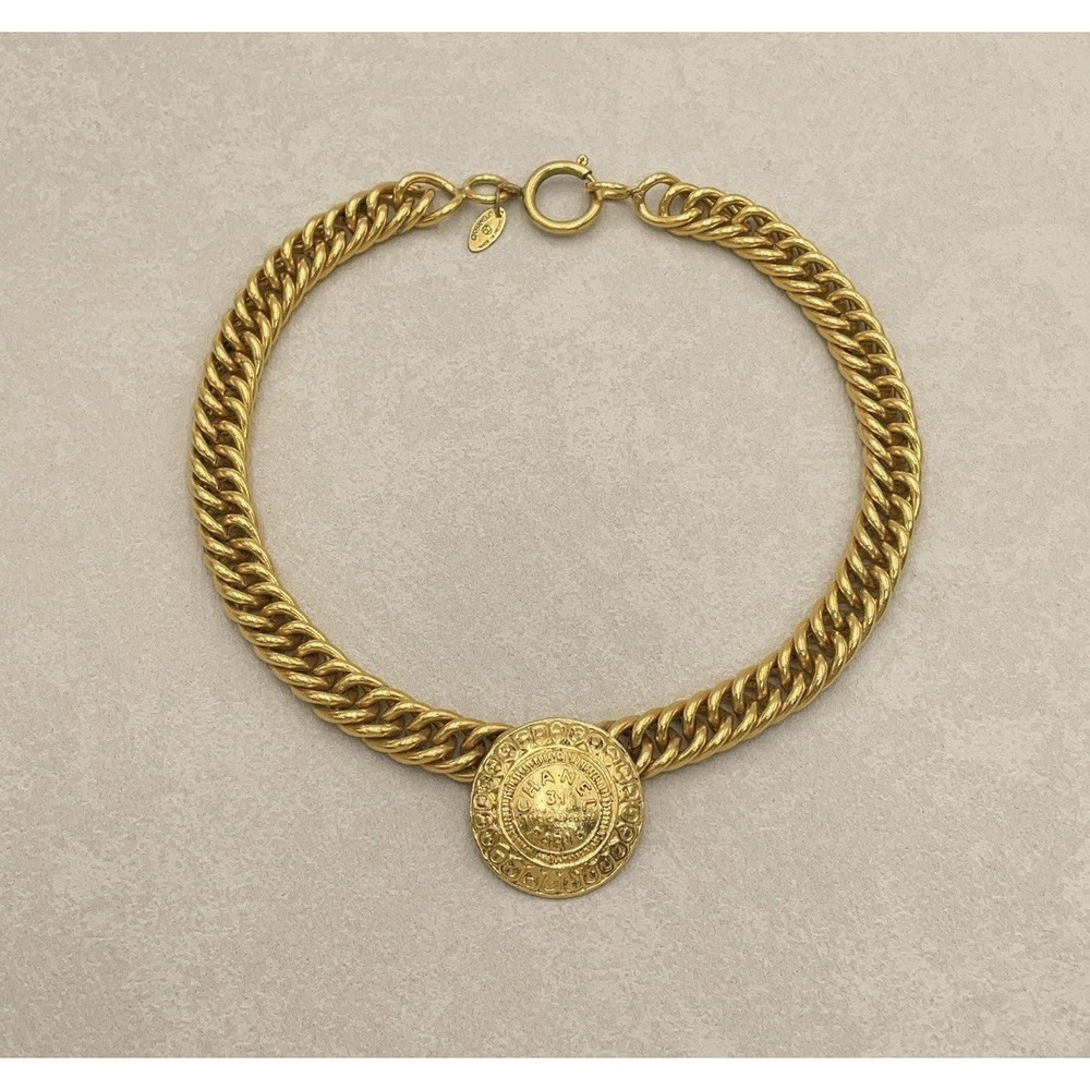 Auth Chanel Cambon Medal Chain GP Necklace engraved W/Box BA060181